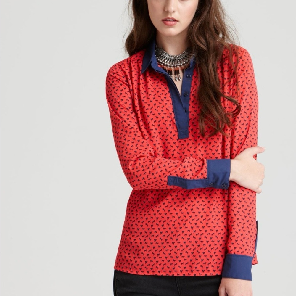 Free People Western Horse Print Blouse Red Contrast Collar Size S Boho Chic Top